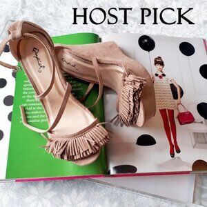 EUC Qupid nude suede strappy wedge platform sandal, 6